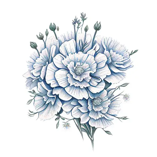  flower bouquet with carnations, violets, honeysuckles, asters and narcissus tattoo design idea