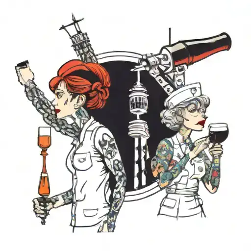 two friends, von hinten dargestellt,nurses, wine glasses in hand, stoßen an television tower berlin tattoo design idea