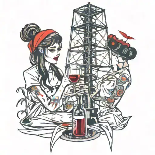 two friends, nurses, wine glasses in hand, television tower tattoo design idea