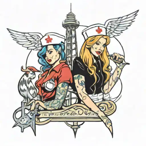 Friendship tattoo, 2 nurses, comic style, television tower in the background tattoo design idea