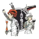 two friends, von hinten dargestellt,nurses, wine glasses in hand, stoßen an television tower berlin tattoo design idea