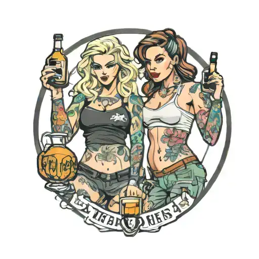 create for me a pic of two thick fitness chicks holding whiskey bottles and covered in tattoos tattoo design idea
