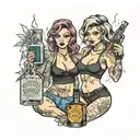 create for me a pic of two thick fitness chicks holding whiskey bottles and covered in tattoos tattoo design idea