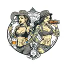 create for me a pic of two thick fitness chicks holding whiskey bottles and covered in tattoos tattoo design idea