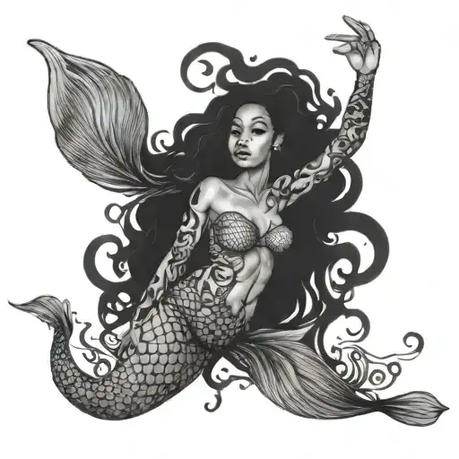 black girl mermaid swimming underwater tattoo design idea