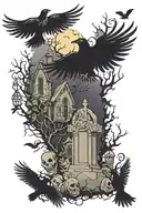 graveyard with crows and ghosts tattoo design idea