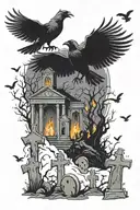 graveyard with crows and ghosts tattoo design idea