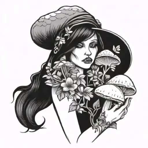 Lilith holding a bouquet of enchanted mushrooms and crystals tattoo design idea