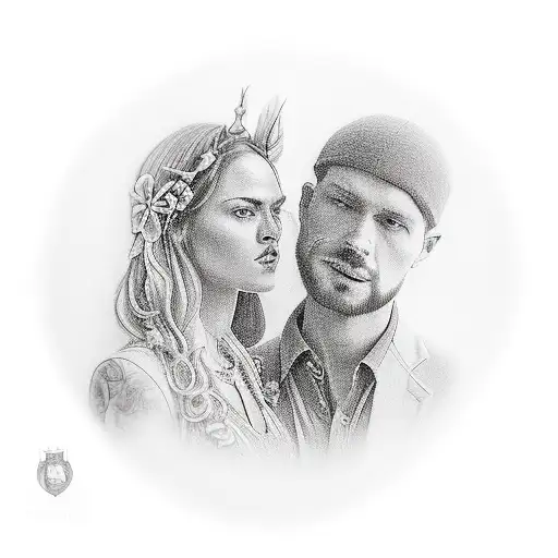 A realistic portrait of Ana and Patrick from the Phoenics blazon family tattoo design idea