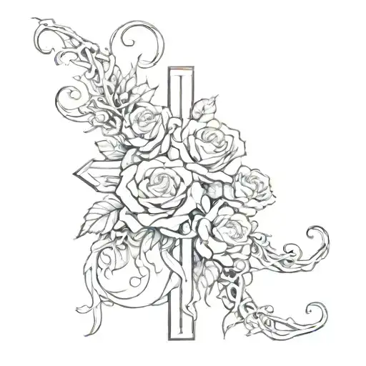 Cross, vines, and roses wrapped tattoo design idea