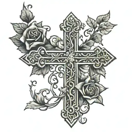 Cross, vines, and roses intertwined tattoo design idea