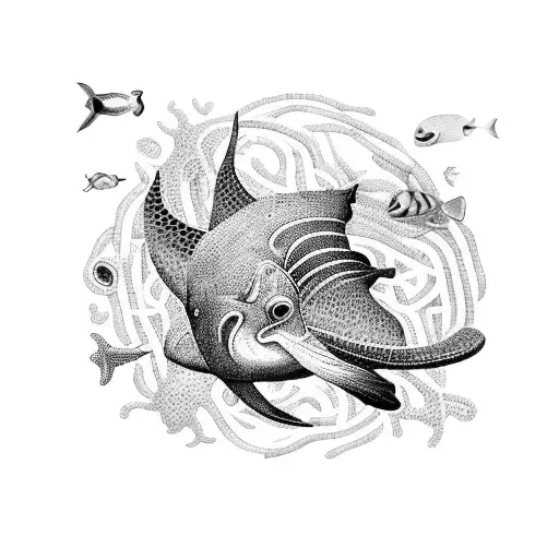 A vibrant mosaic of various marine animals symbolizing the interconnectedness of ocean life tattoo design idea