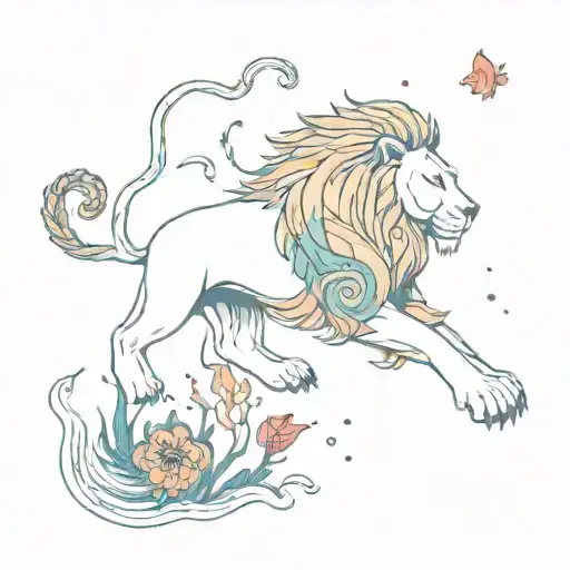 A lion diving into the depths of the ocean surrounded by colorful sea creatures tattoo design idea