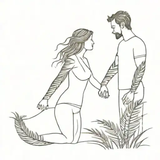 continuous line of couple hughing with silver fern in background tattoo design idea