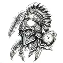damaged warrior helmet front profile and tribal feather eith old pocket watch under helmet tattoo design idea