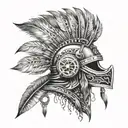 damaged warrior helmet front profile and tribal feather eith old pocket watch under helmet tattoo design idea