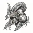 damaged warrior helmet front profile and tribal feather eith old pocket watch under helmet tattoo design idea