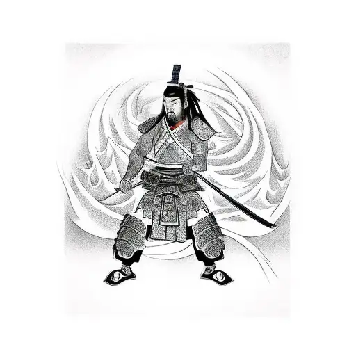 Samurai holding his sword with dragon on his background  tattoo design idea