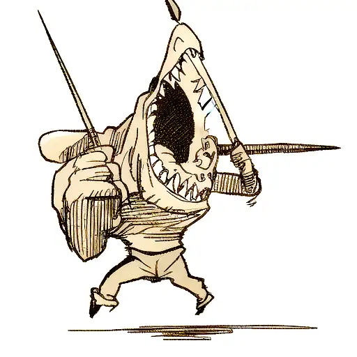 A T-rex skull with an open mouth with a spear going through it tattoo design idea