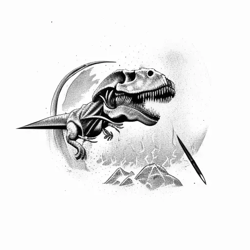 A T-rex skull with an open mouth with a spear going through it tattoo design idea