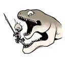 A T-rex skull with an open mouth with a spear going through it tattoo design idea