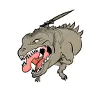 A T-rex skull with an open mouth with a spear going through it tattoo design idea