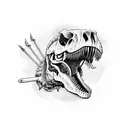 A T-rex skull with an open mouth with a spear going through it tattoo design idea