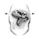 A T-rex skull with an open mouth with a spear going through it tattoo design idea