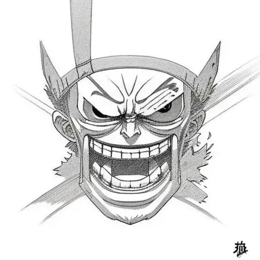 A dynamic scene capturing Luffy's Gear 5 transformation mid-action, with intense shading and intricate details that bring the tattoo to life. tattoo design idea