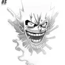 A dynamic scene capturing Luffy's Gear 5 transformation mid-action, with intense shading and intricate details that bring the tattoo to life. tattoo design idea