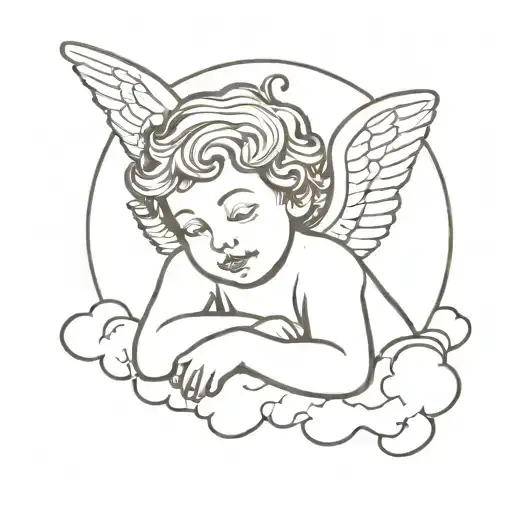 Minimalistic thin line tattoo of a Cherub angel resting on a cloud with one arm propped up on face tattoo design idea