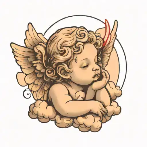 Minimalistic thin line tattoo of a Cherub angel resting on a cloud with one arm propped up on face tattoo design idea