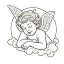 Minimalistic thin line tattoo of a Cherub angel resting on a cloud with one arm propped up on face tattoo design idea