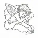 Minimalistic thin line tattoo of a Cherub angel resting on a cloud with one arm propped up on face tattoo design idea