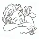 Minimalistic thin line tattoo of a Cherub angel resting on a cloud with one arm propped up on face tattoo design idea
