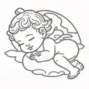 Minimalistic thin line tattoo of a Cherub angel resting on a cloud with one arm propped up on face tattoo design idea