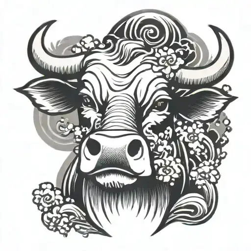 head of a cow with smoke coming and waves background tattoo design idea