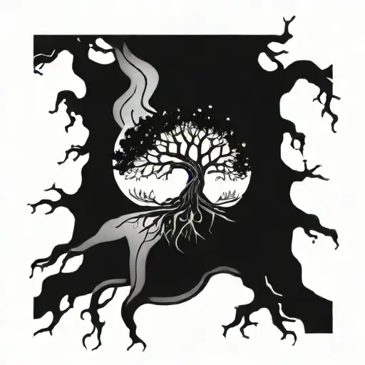 A majestic tree with intricate roots intertwined with tools of the drywall trade tattoo design idea