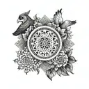A dotwork mandala design featuring various animals intertwined with floral elements tattoo design idea
