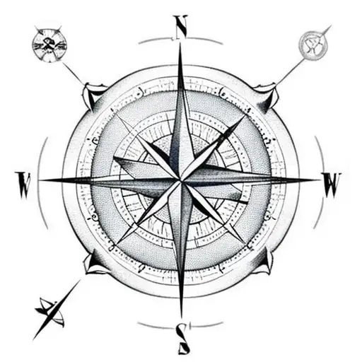 A compass rose with intricate details and a vintage map background tattoo design idea