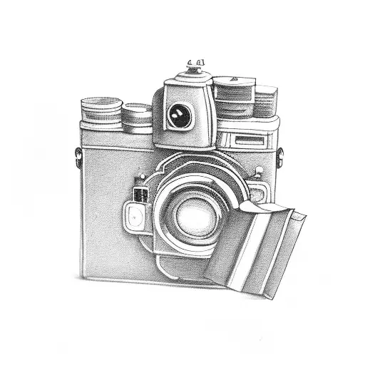 A black and grey portrait of a vintage camera, symbolizing the client's passion for capturing memories during their vacations tattoo design idea