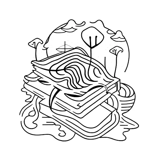 A minimalist tattoo of an open book with a hiking trail winding through the pages tattoo design idea