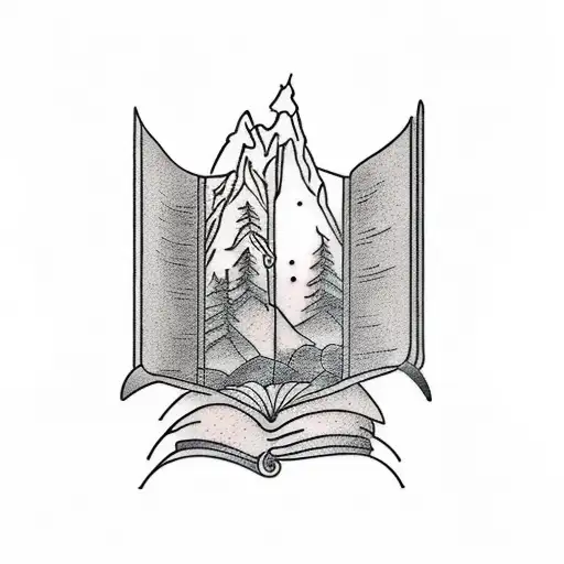 A tattoo of an open book with a hiking trail winding through the pages tattoo design idea