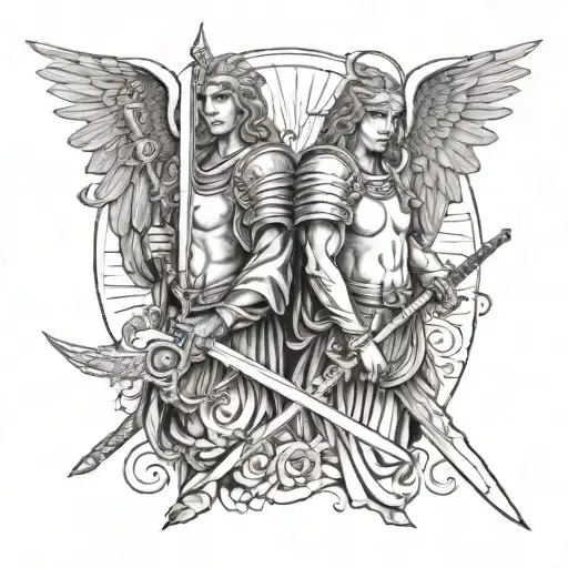 guardian angels, holding swords, neutral expression tattoo design idea