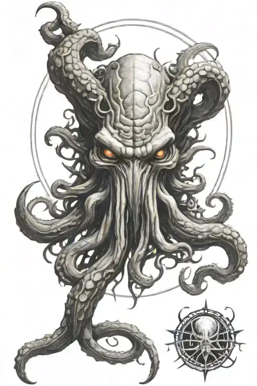 Sketch of a Cthulhu head tattoo without wings with a pentagram in the background tattoo design idea