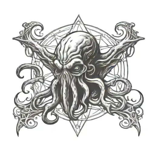 Sketch of a Cthulhu head tattoo without wings with a pentagram in the background tattoo design idea