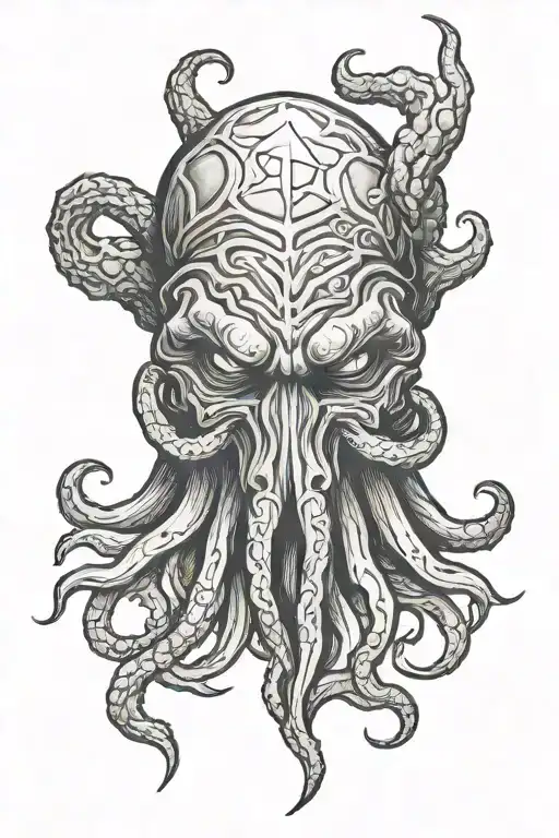 Sketch of a Cthulhu head tattoo without wings with a pentagram in the background tattoo design idea