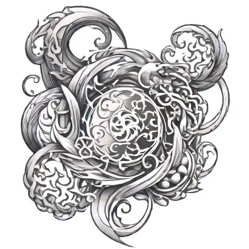 A tattoo design featuring all four elements from Avatar (fire, earth, water, wind) intertwined in a dynamic composition tattoo design idea