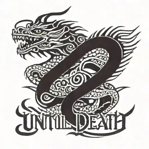 Japanese dragon with snake and lettering "Until death" tattoo design idea