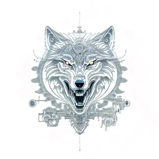 An intricate mechanical wolf howling at the moon, symbolizing the client's love for engineering and nature tattoo design idea